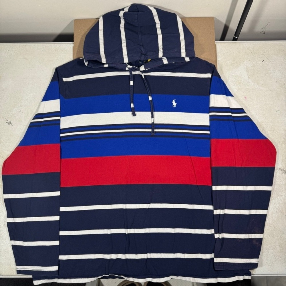 Polo Ralph Lauren Mens XXL Striped Hooded Shirt Navy Blue Red White Long Sleeve